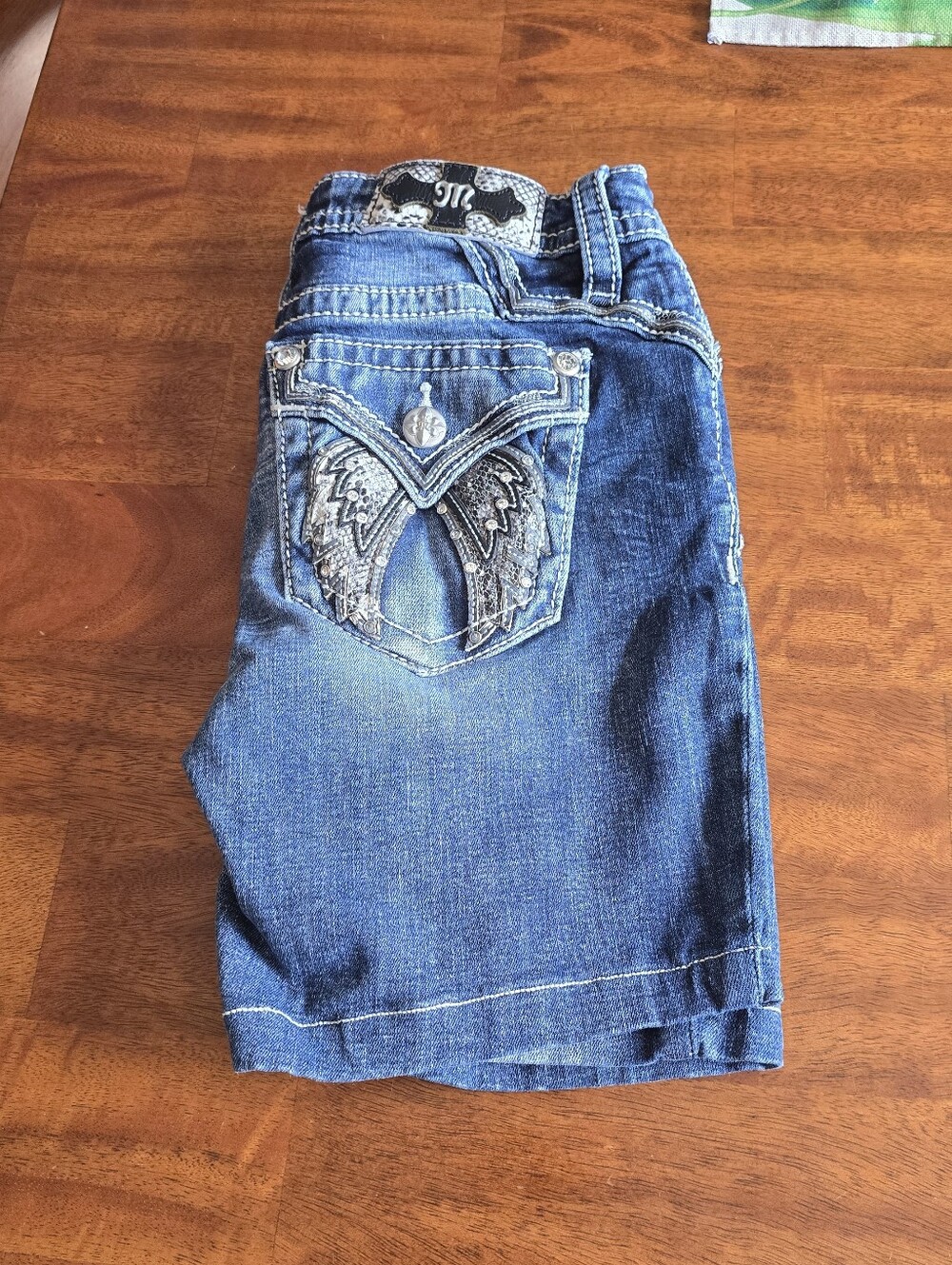 Miss Me Embroidered Wing Pocket Dark Blue Denim Shorts